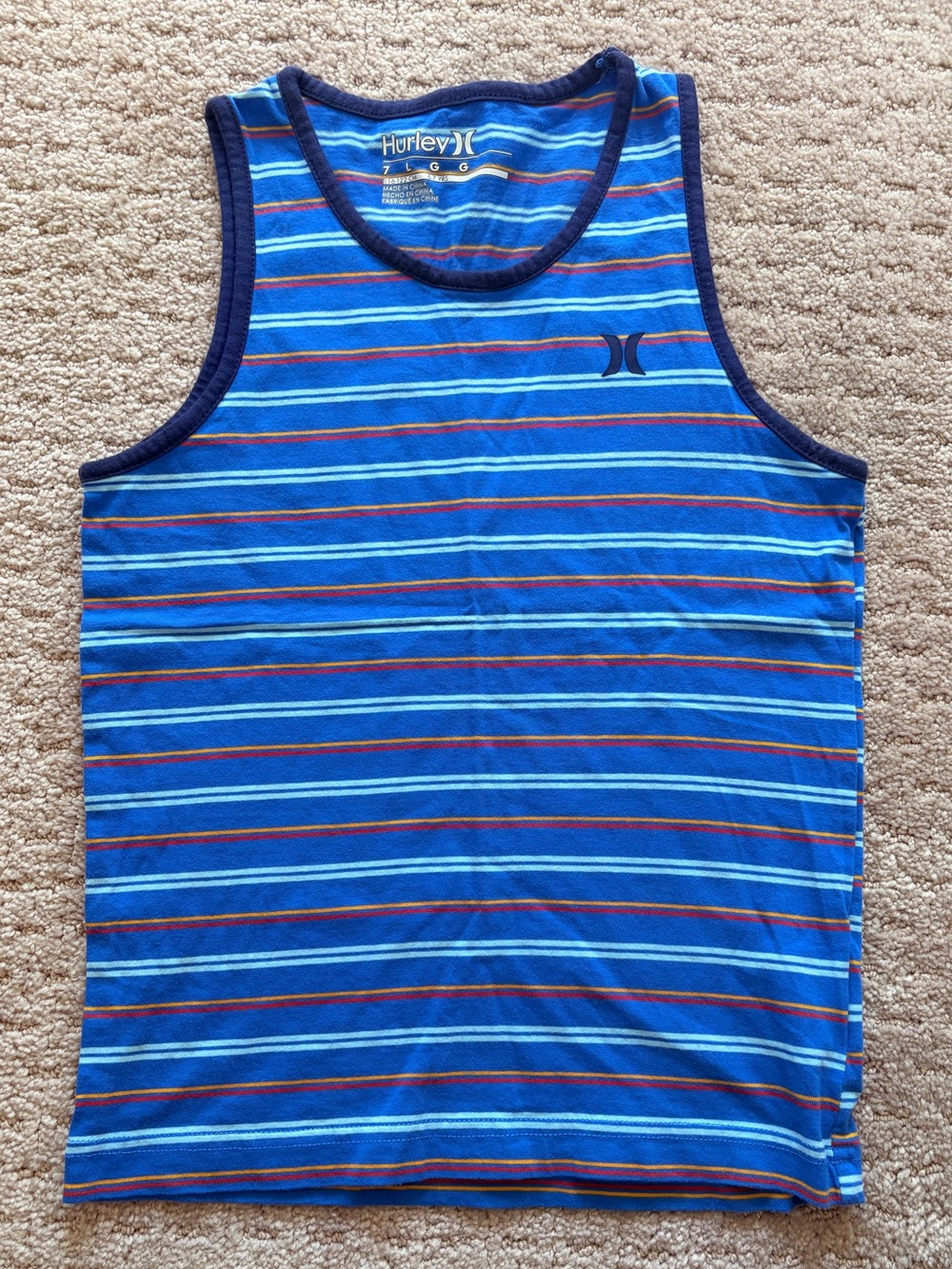 Boys Size 7 L Hurley Striped Summer Beach Tank Top Shirt Blue White EUC Logo